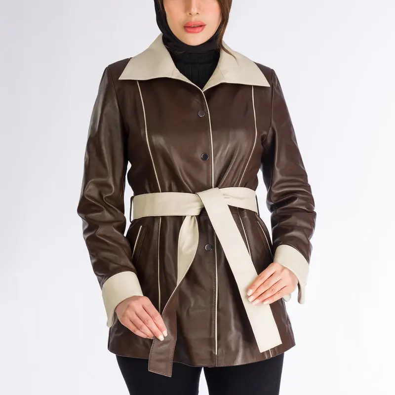 کت چرم طبیعی زنانه مدل B0485-088 رنگ قهوه ای تیره